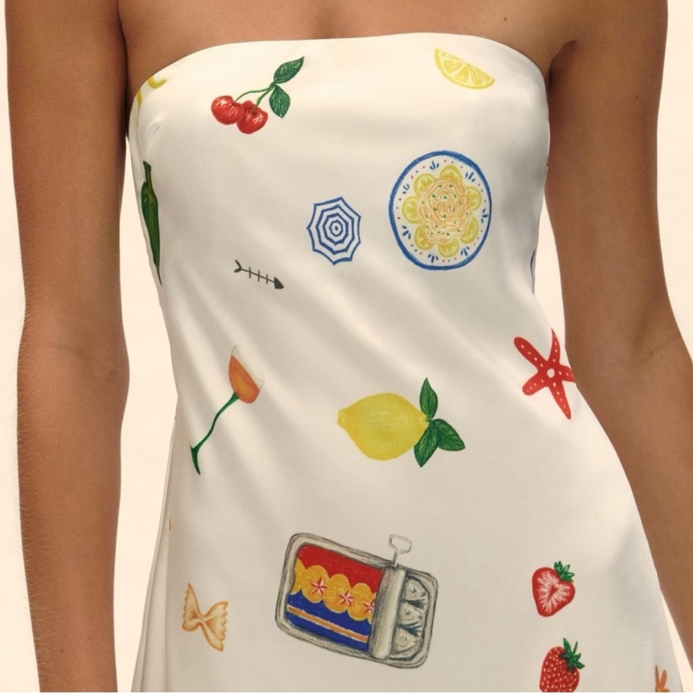 For Love & Lemons White Strapless Maxi Dress with Multicolor Summer Motifs - Picture 3 of 11